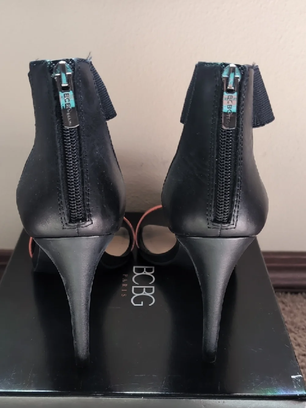 BCBG Black and Coral Open-Toe Ankle Strap Heels - Picture 5 of 6